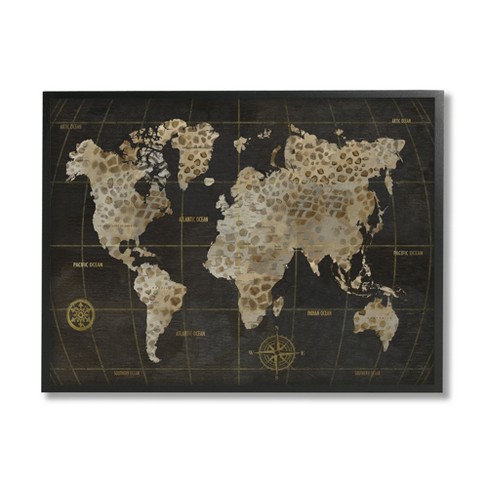 Stupell Rustic Giraffe Animal Pattern Atlas Map Compass Black Framed ...