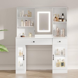 Large Vanity Desk with Sliding Mirror, 3-Color LED Lights & Power Outlets, Makeup Dressing Table with Storage Drawers - 1 of 4