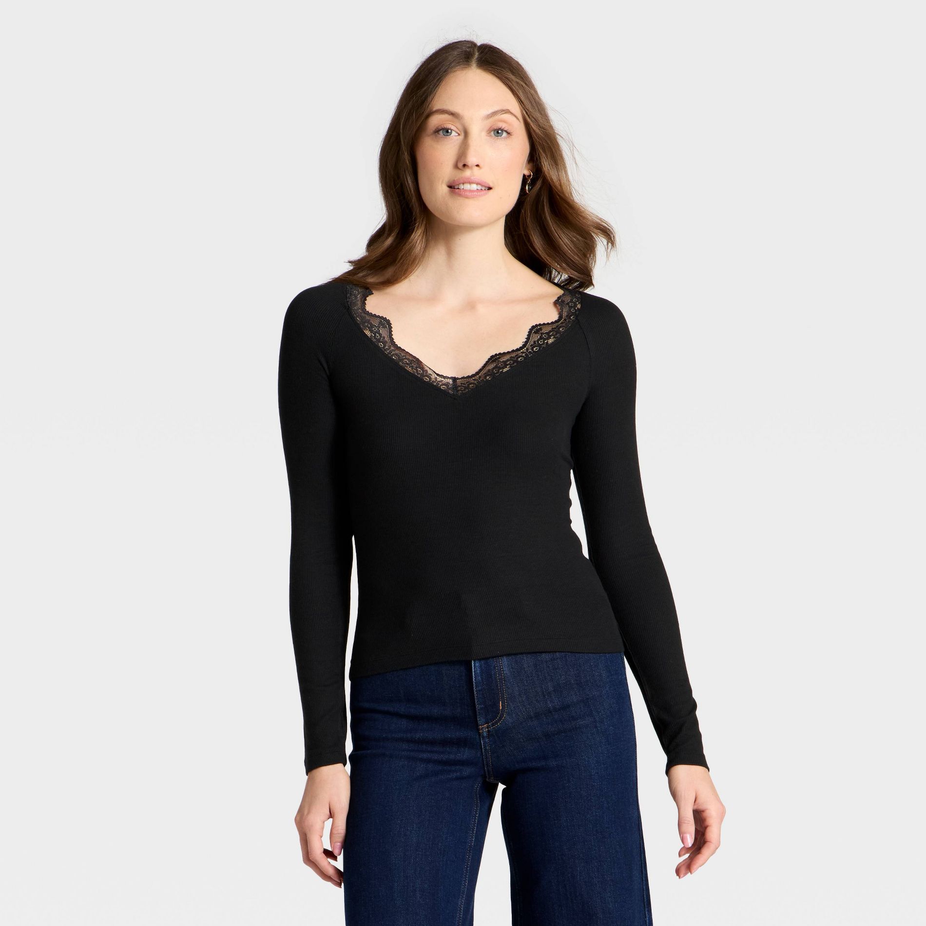 Women's Long Sleeve V-Neck Lace Trim T-Shirt - Universal Thread™