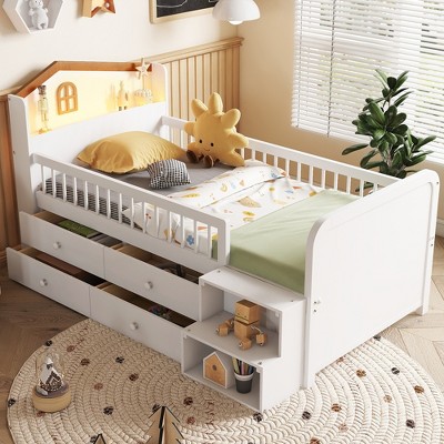 KIGFTSOD Low Loft Bed with LED Lights, Wooden Twin Loft Bed with House Shape Headboard