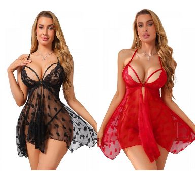 INSPIRE CHIC Women's Front Closure Lace Heart Print Babydoll Thong V Neck Chemise Lingerie Sets 2 Packs 1 Black+1 Red Medium : Target