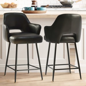 Set of 2 Edwin 25.5" Contemporary Armrest Upholstered Faux Leather With Matte Black Metal Legs Counter Height Barstools-Maison Boucle - 1 of 4