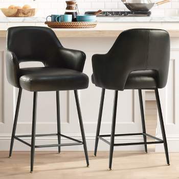 Set of 2 Edwin 25.5" Contemporary Armrest Upholstered Faux Leather With Matte Black Metal Legs Counter Height Barstools-Maison Boucle