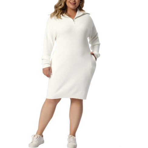 Agnes Orinda Women's Plus Size Knit Long Sleeve Zipper Collar Pullover Mini  Sweater Dresses White 2X