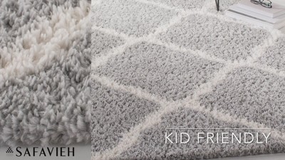 Hand-Knotted Cream and Grey Synthetic Shag Area Rug, 6'7" Square