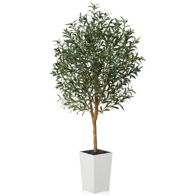 DR.Planzen 72" Artificial Olive Tree with Real Wood Branches - 6FT UV Resistant Indoor/Outdoor Fake Plant in 15.7" Planter (B/W/Coffee)