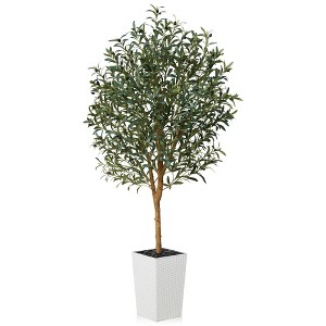 DR.Planzen 72" Artificial Olive Tree with Real Wood Branches - 6FT UV Resistant Indoor/Outdoor Fake Plant in 15.7" Planter (B/W/Coffee) - 1 of 4
