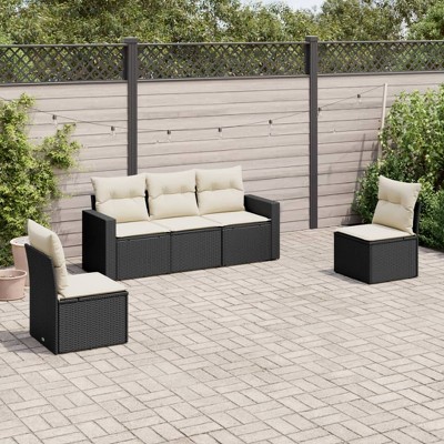 vidaXL 5 Piece Patio Sofa Set with Cushions Black Poly Rattan