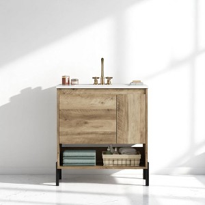 Mshliw 30 Inch Bathroom Vanity with Ceramic Sink, Modern Wood Grain Freestanding Storage Cabinet with Sliding Drawer, Open Shelf and Soft-Close Door - 1 of 4