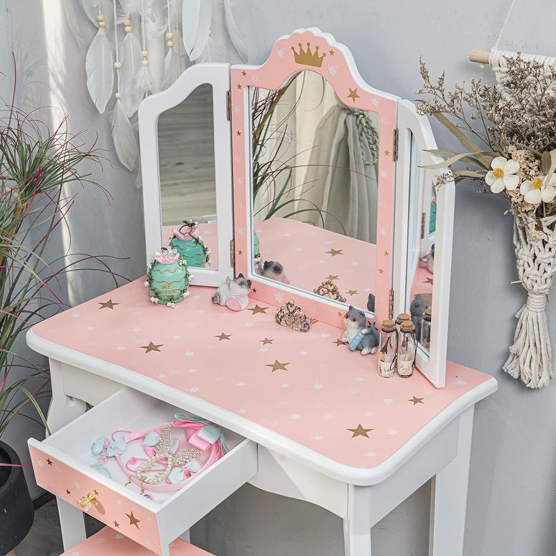 Trinity 2-in-1 Princess Vanity  Set ,Princess Makeup Table with Mirror, Stool, Tri-Folding Mirror & Drawer ,Pretend Play Dressing Table for Toddler Girls, 2 of 7