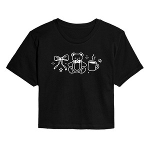 Women's - Instant Message - Teddy Bow Coffee Cropped Graphic T-Shirt - 1 of 4