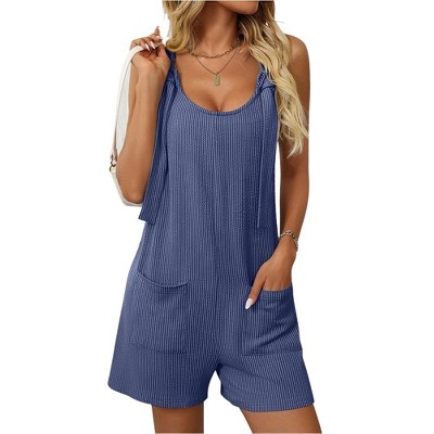 Women's Summer Casual Sleeveless Rompers Scoop Neck Striped Bib Shorts Jumpsuit Beach Overalls Vacation Outfit Clothes