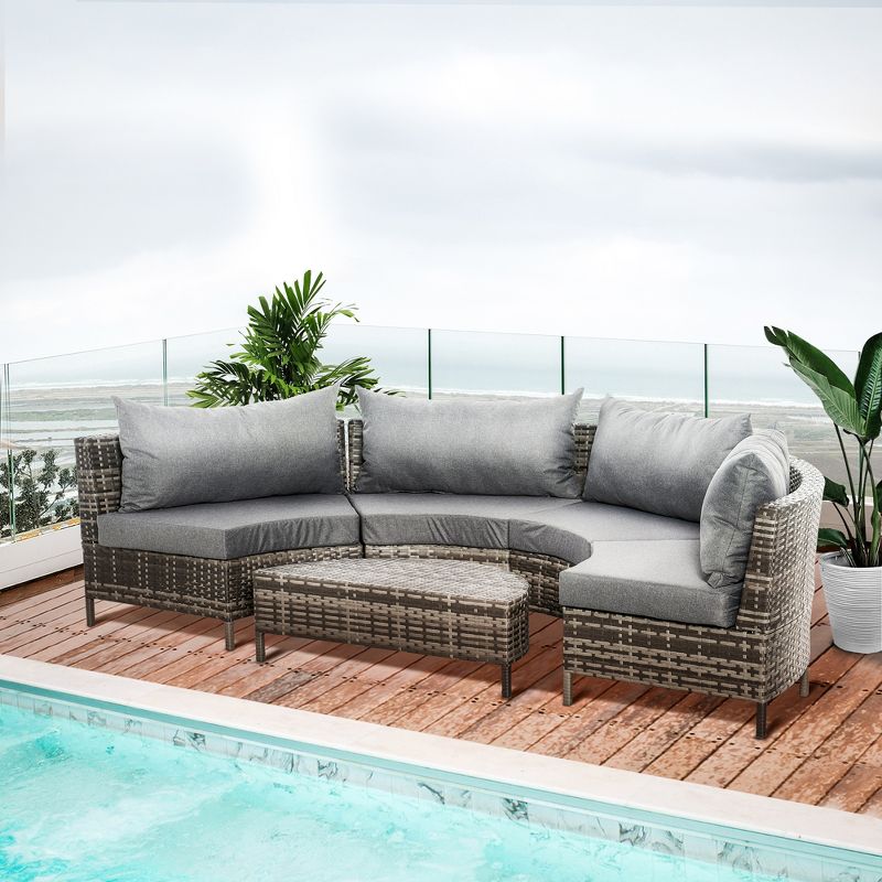 Outsunny 5-piece Half-Moon Outdoor Sectional Sofa, PE Rattan Wicker Furniture with Couch, Table & Cushions, Gray, 2 of 9