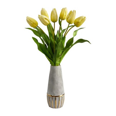 Nearly Natural 22-in Dutch Tulip Artificial Arrangement in Stoneware Vase with Gold Trimming
