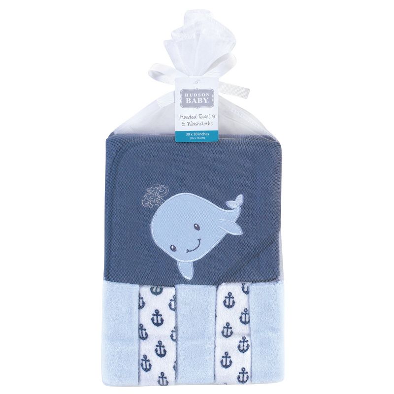 Hudson Baby Infant Boy Hooded Towel and Five Washcloths, Sailor Whale, One Size, 3 of 4