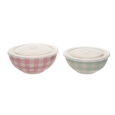 Totalee Gift Gingham Pattern Bowls w/ Plastic Lid Set of 2 Ceramic White 25.7 oz