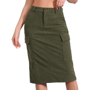 Allegra K Women's High Waisted Elastic Back Corduroy Midi Cargo Skirts with Pockets - 1 of 4