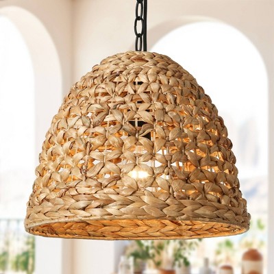 Holophankton 15" Matte Black and Natural Rattan Dome Pendant Light