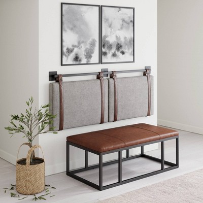 Gray Upholstered Full Wall Mount Headboard with Brown Leather Straps