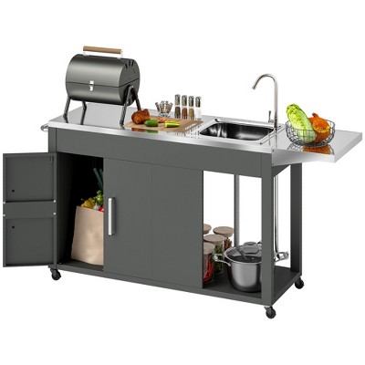 Outsunny Outdoor Grill Table with Stainless Steel Sink and Drainage, Grill Cart with Foldable Side Table, Cabinet, Wheel