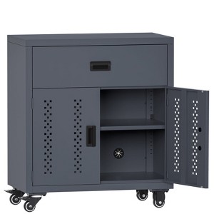 Yukimo 31.49" Metal Rolling Garage Storage Cabinet - Lockable Door + Adjustable Shelves, 4 Wheels for Mobile Tool Storage in Garages/Warehouses (Gray) - 1 of 4