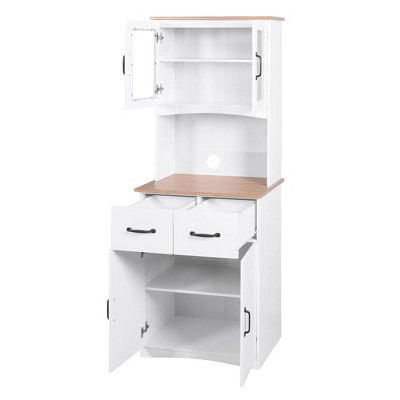 66.93 In. Wooden Kitchen Cabinet White Pantry Room Storage Microwave Cabinet with Framed Glass Doors and Drawer