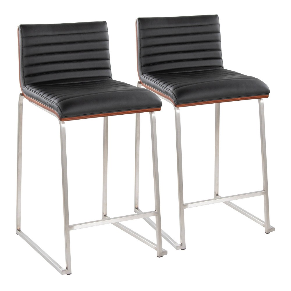 LumiSource Set of 2 26" Mason Mara Counter Height Barstools Stainless Steel Walnut Wood/Black PU Leather
