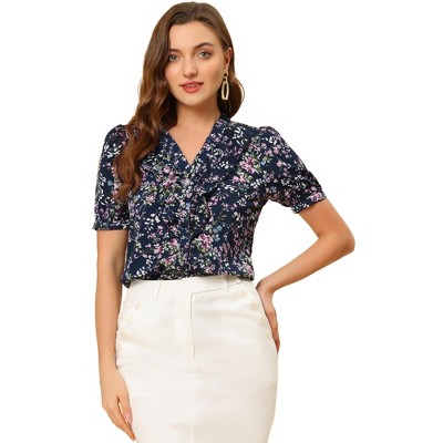 Allegra K Women's Summer Short Sleeves V Neck Ruffle Floral Button Down Shirt