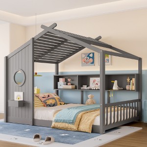 KWPZQEB House Shape Montessori House Bed, Wood Floor Bed with Storage Rack and Roof, Playhouse Bedframe for Kids, No Box Spring Needed - 1 of 4
