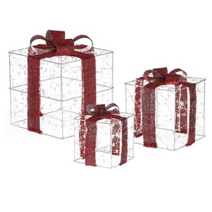 LuxenHome 3-Piece Lighted LED Christmas Holiday Presents Decoration with Remote, Indoor and Outdoor Red - 1 of 4