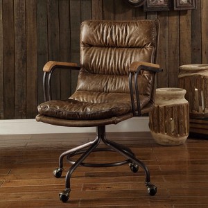 TiramisuBest Vintage Leather Swivel Office Chair with Casters & Wooden Armrests - 1 of 4