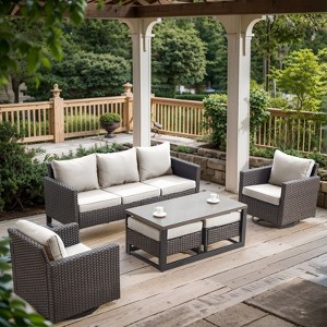 POCASSY 6 Pieces Patio Furniture Set, Steel Frame Brown Wicker Outdoor Furniture with 3-Seater Sofa Swivel Patio Chair Coffee Table and Ottoman - 1 of 4