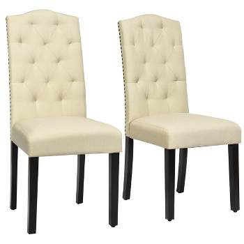 Costway Set of 2 Tufted Dining Chair Upholstered Nailhead Trim Rubber Wooden Leg