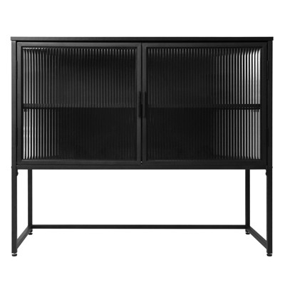 Modern Storage Cabinet with Glass Door Metal Frame Double Layer Freestanding Sideboard Suitable for Living Room Kitchen Black