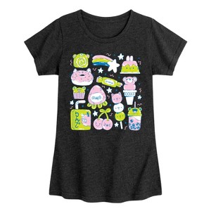 Girls' - Instant Message - Kawaii Animal Food Sticker Collage Fitted Short Sleeve Graphic T-Shirt - 1 of 4