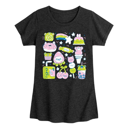 Girls' - Instant Message - Kawaii Animal Food Sticker Collage Fitted Short Sleeve Graphic T-Shirt - image 1 of 4