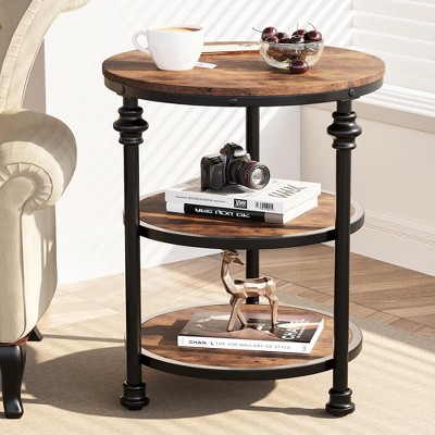 Round End Table with Storage Shelves, 3-Tier Round Farmhouse Side Table w/Mental Support Legs