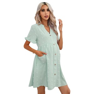 Clearlove Summer Dress Casual Lantern Sleeve V Neck Button Dress Swing Flowy Maternity Dresses - 1 of 4
