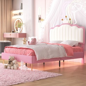 NicBex Twin/Full Size Princess Upholstered Bed Frame with Crown-Shaped Headboard and LED Light for Girls,Solid Wood Slats Support,Easy Assembly - 1 of 4