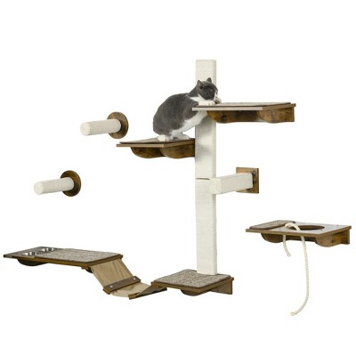 PawHut Cat Wall Shelves, Cat Wall Furniture with Perches, Scratching Posts, Ladder, Bowls, 8PCs Wall Mounted Cat Shelves for Climbing, Relaxing, Brown