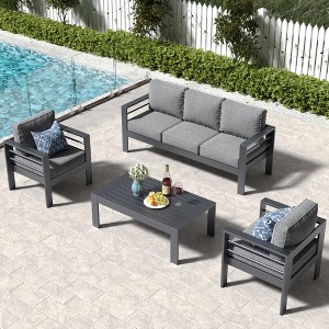 LayinSun Outdoor Aluminum Furniture Set, 4 Pieces Patio Sectional Conversation Chat Sofa Modern Seating Set with Coffee Table - 1 of 4