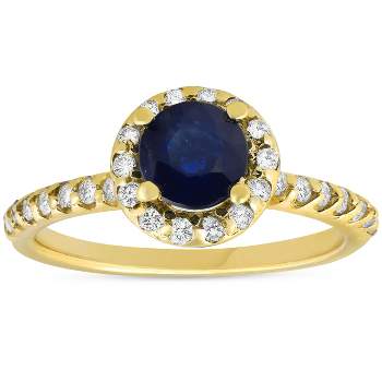 Pompeii3 1ct Blue Sapphire & Diamond Halo Engagement Ring 14K Yellow Gold