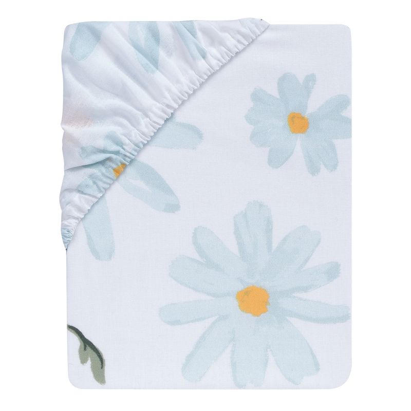 Lambs & Ivy Sweet Daisy 100% Cotton White/Blue Floral Baby Fitted Crib Sheet, 3 of 6