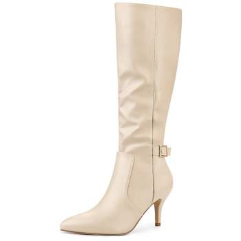 Allegra K Women's Pointy Toe Buckle Decor Side Zip Stiletto Heel Knee High Boots