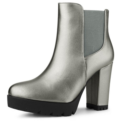 Allegra K Women's Toe Block Heel Platform Boots Silver Grey 6.5 :