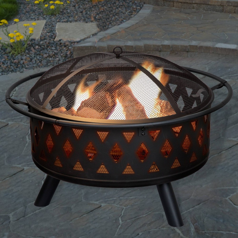 Pure Garden 37&#34; Wood Burning Round Outdoor Fire Pit &#38; Lid Brown: Steel Frame, Includes Poker &#38; Cover, 4200 BTU