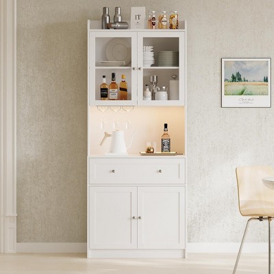 Modern Coffee Bar Cabinet with Power Outlets LED Lights, Tall Buffet Cabinet with Glass Rack, Freestanding Home Liquor Bar Cabinet for Living Room