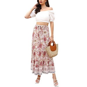 Women's Summer Elastic High Waist Boho Maxi Skirt Casual Ruffle A Line Long Skirt Flowy Midi Skirt - 1 of 4