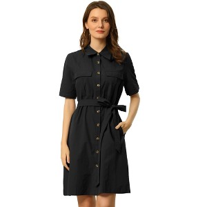 Allegra K Women's Collared Side Pockets Button Up Cotton Belted Shirt Dress - 1 of 4