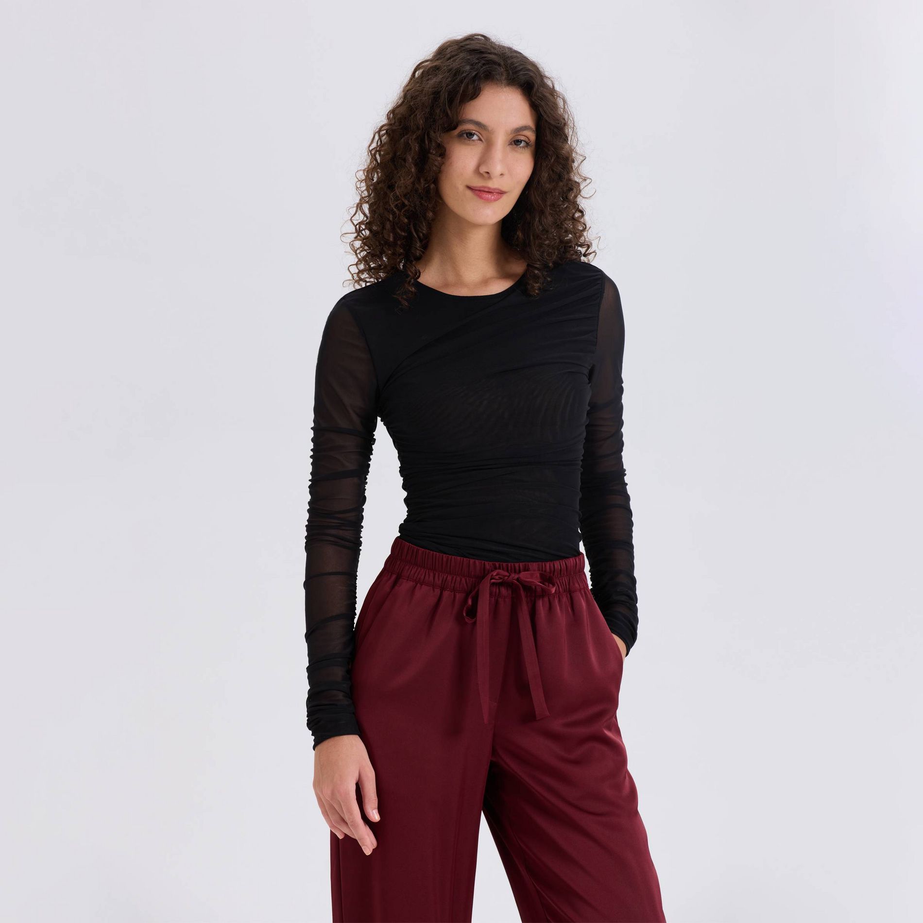 Women's Long Sleeve Ruched Asymmetrical Mesh Top - A New Day™